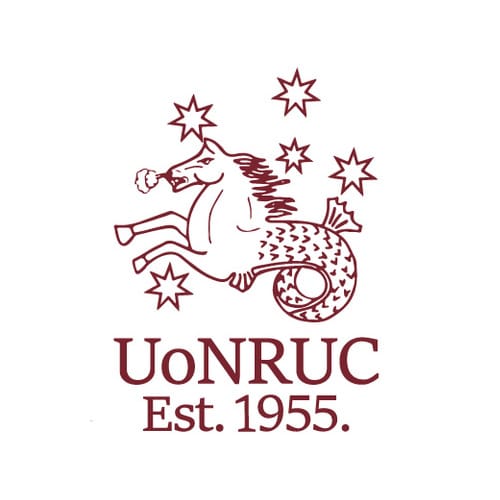 Maroon illustration of a mythical seahorse with a lion's mane, surrounded by Southern Cross stars. Text reads "UoNRUC Est. 1955.