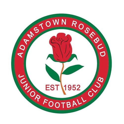 Red and green circular logo featuring a rose in the centre. Text reads "Adamstown Rosebud Junior Football Club – Est. 1952."