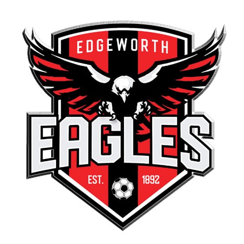 Bold red, black and white crest featuring an eagle with outstretched wings, a soccer ball, and the text "Edgeworth Eagles – Est. 1892."