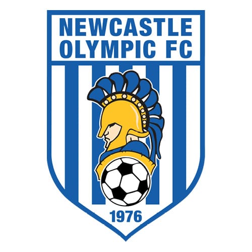 Blue and white striped crest with a Spartan helmet and a soccer ball, featuring the text "Newcastle Olympic FC – 1976."