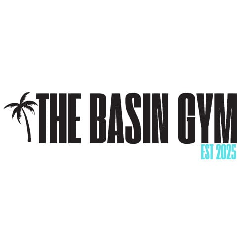 Minimalist black text reading “THE BASIN GYM” with a palm tree silhouette and “EST 2025” in turquoise.
